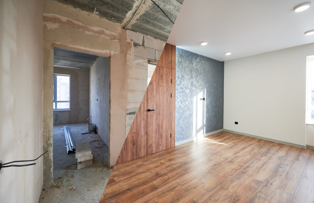 Totalrenovering av stue i eldre bolig på Askøy – moderne løsninger kombinert med originale detaljer for økt verdi og komfort.