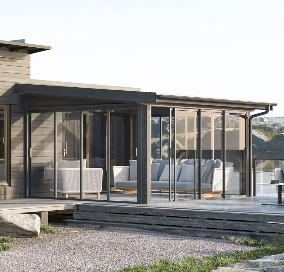 Moderne vinterhage i tre med store vindusflater – skreddersydd og bygget av Byggmester Tom Stølen på Askøy, med fokus på komfort og lys hele året.